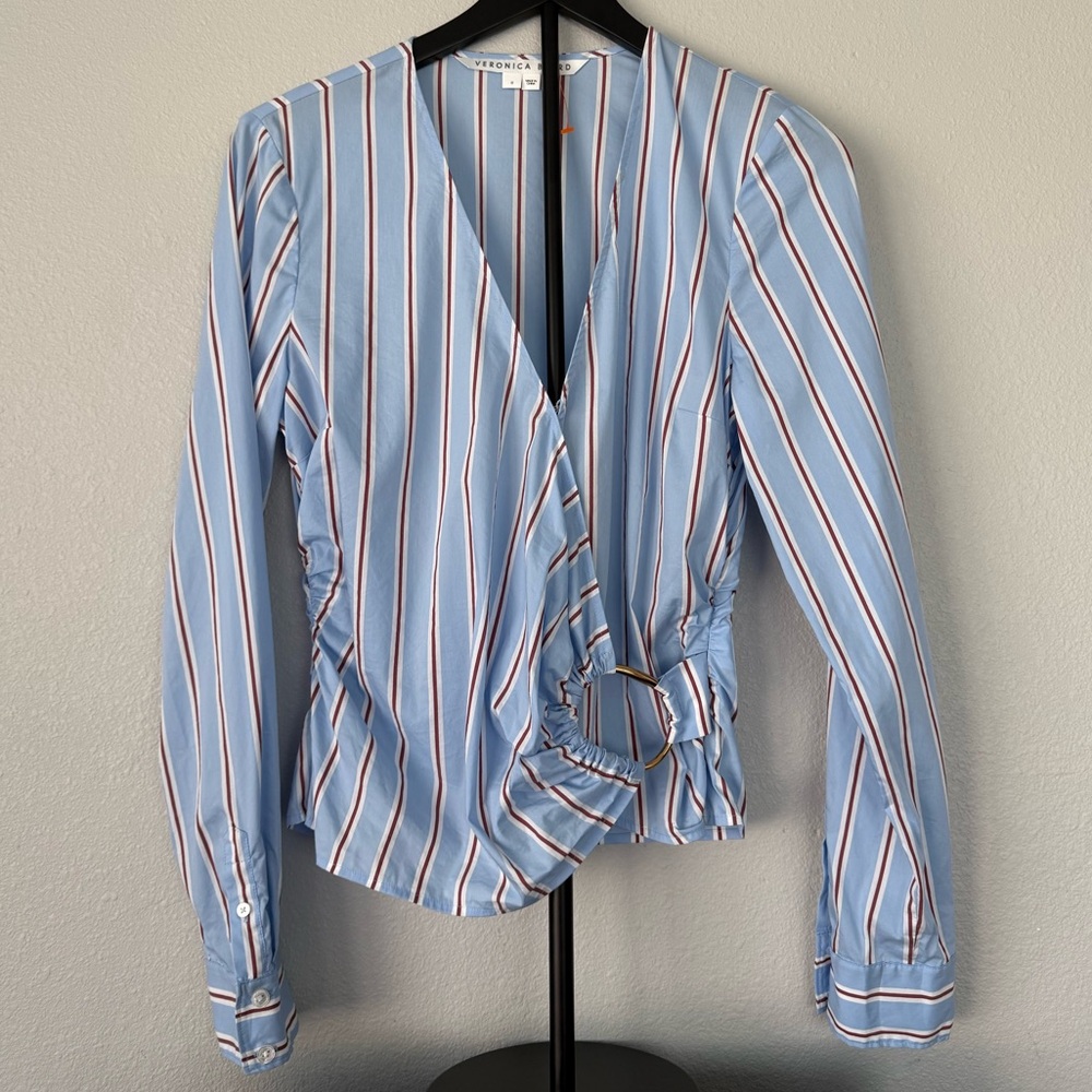 Veronica Beard Light Blue Striped Wrap Blouse with Red and White Stripes